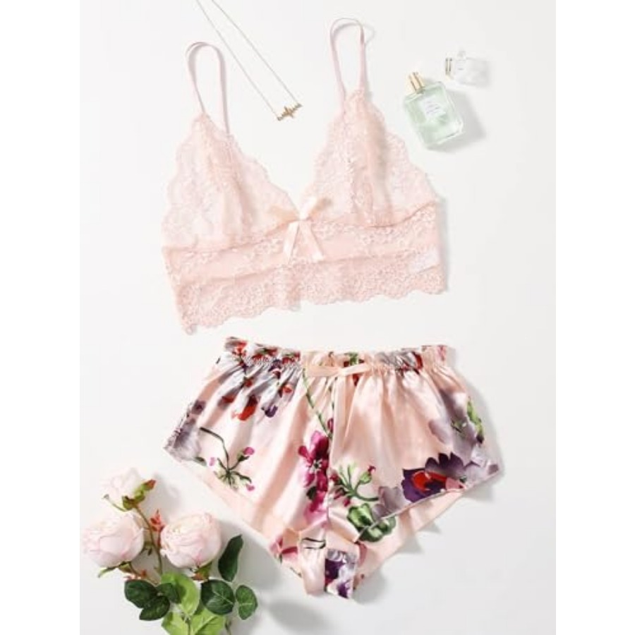 Women's 2 Pcs Lingerie Floral  - Cami Top Lace ulasan dan harga